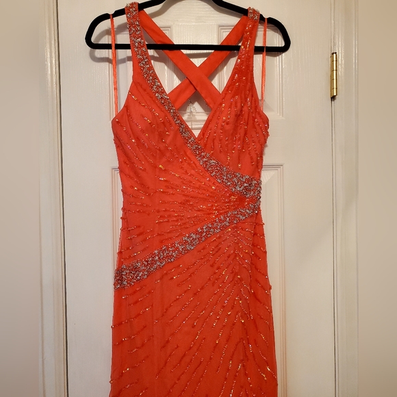 CECILY BROWN Coral and Silver Beaded  Sequined Cross-back Dress Size Medium - Picture 2 of 7